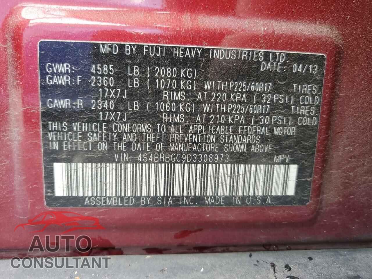 SUBARU OUTBACK 2013 - 4S4BRBGC9D3308973