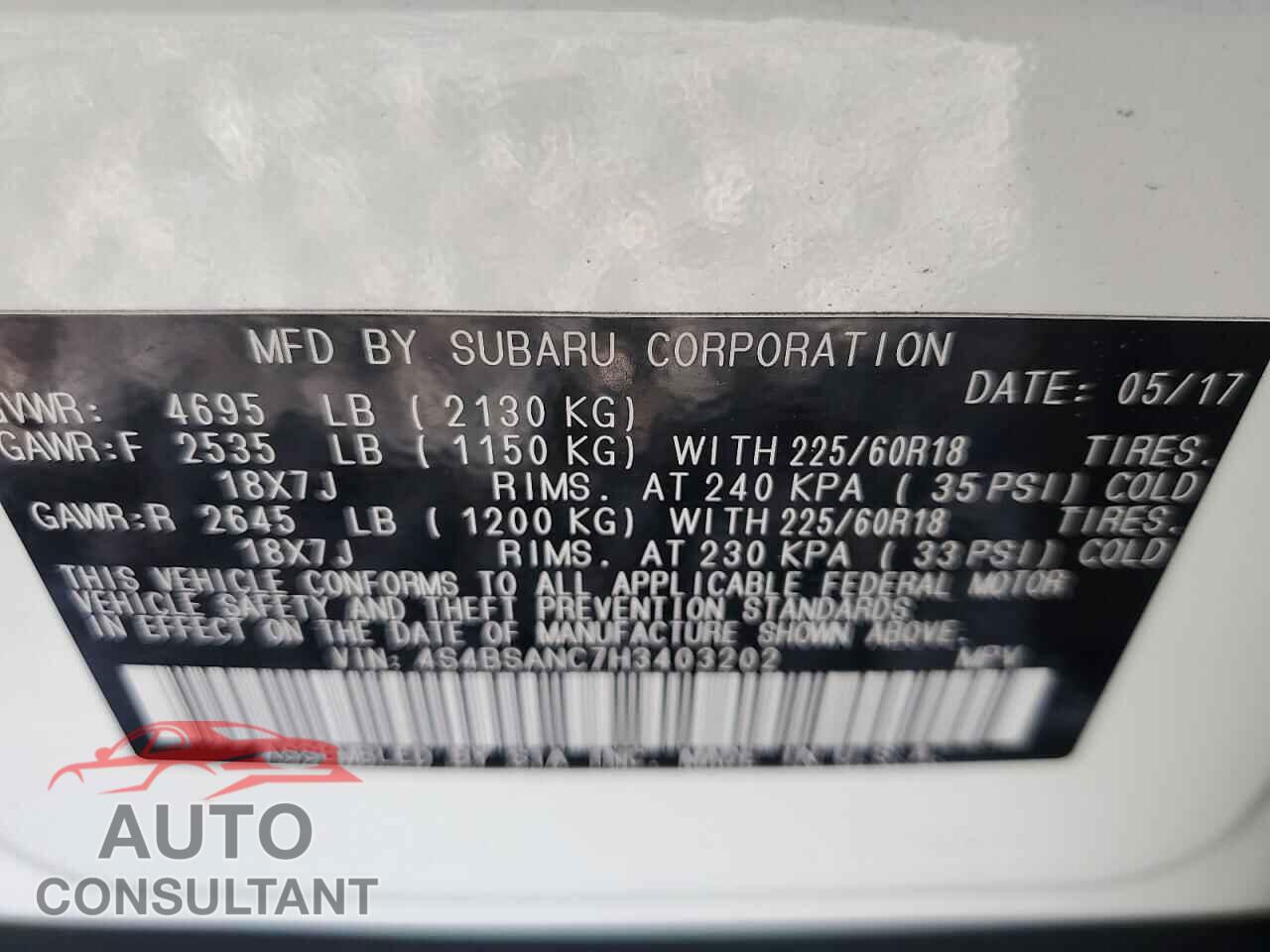 SUBARU OUTBACK 2017 - 4S4BSANC7H3403202