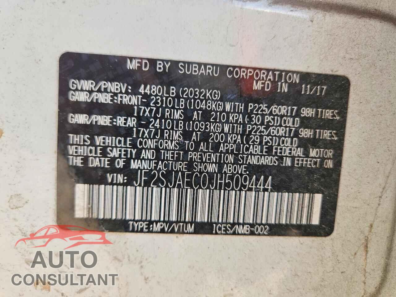 SUBARU FORESTER 2018 - JF2SJAEC0JH509444