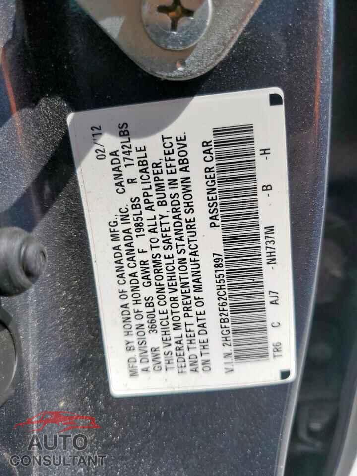 HONDA CIVIC 2012 - 2HGFB2F62CH551897