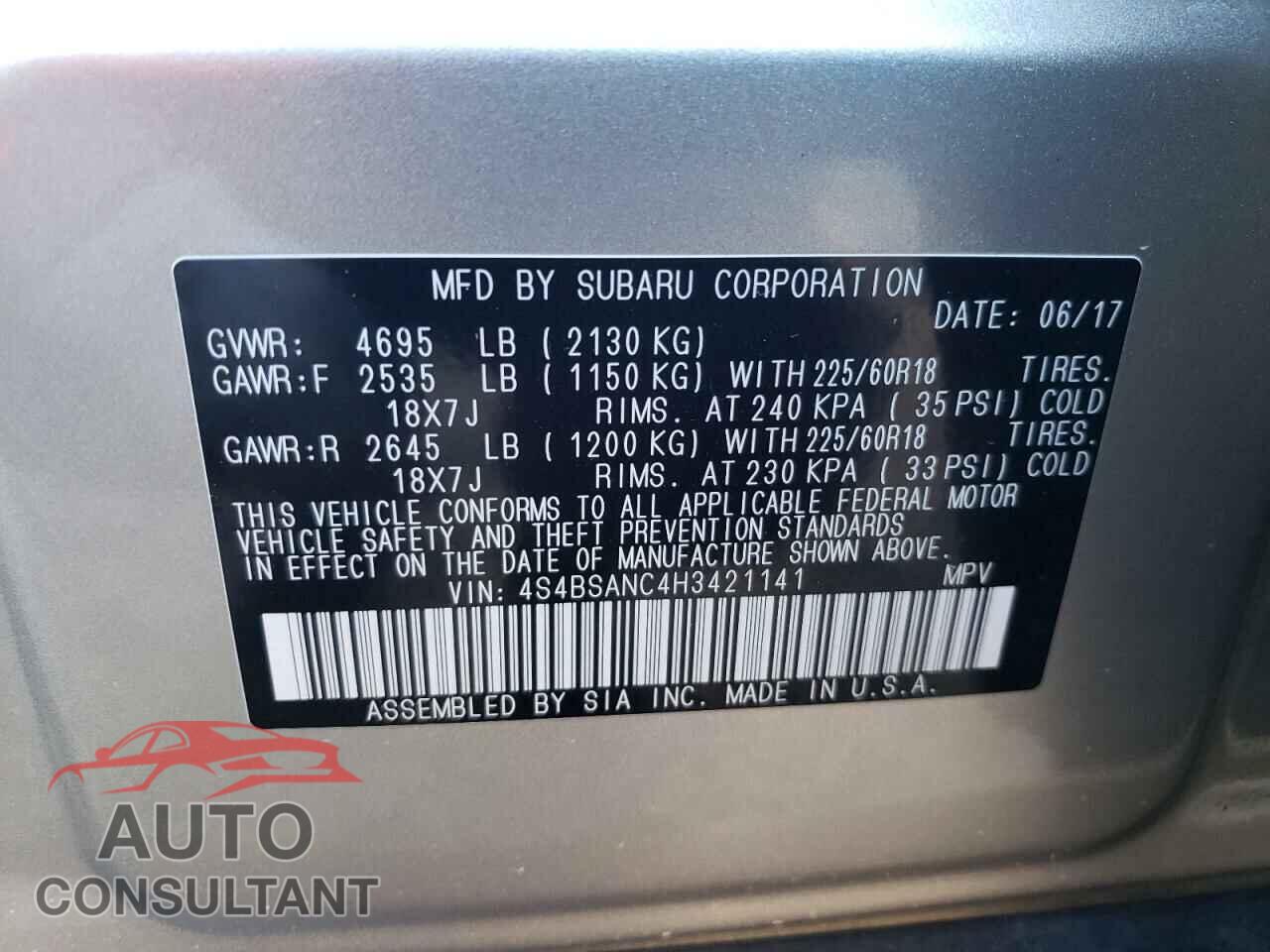 SUBARU OUTBACK 2017 - 4S4BSANC4H3421141