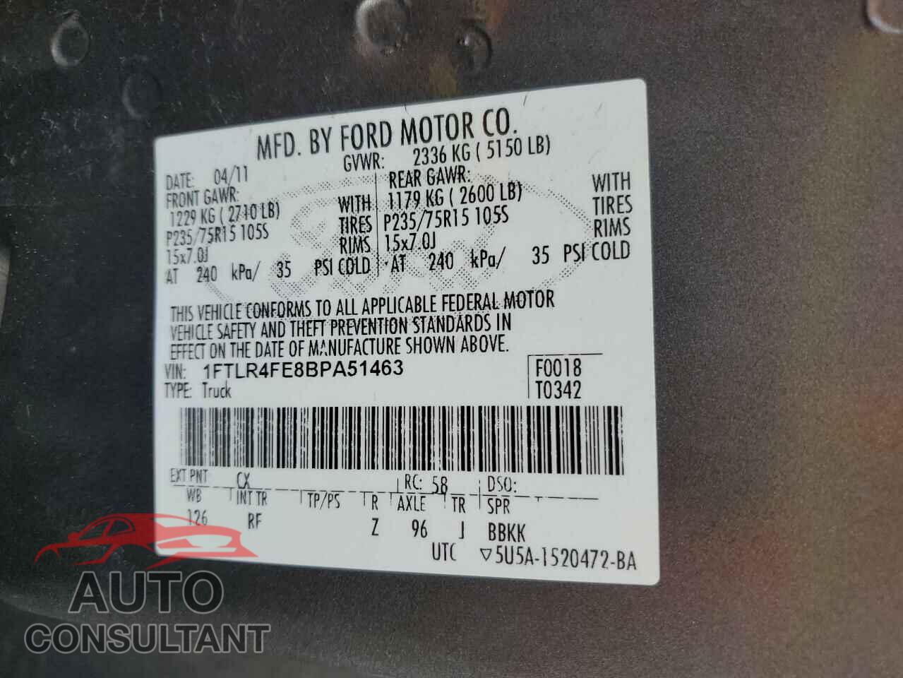 FORD RANGER 2011 - 1FTLR4FE8BPA51463