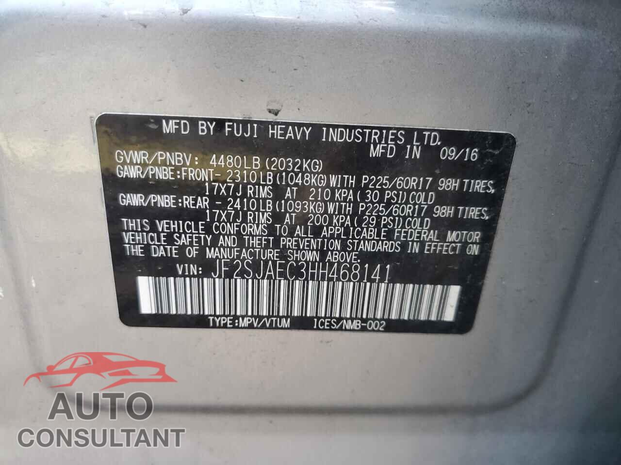 SUBARU FORESTER 2017 - JF2SJAEC3HH468141