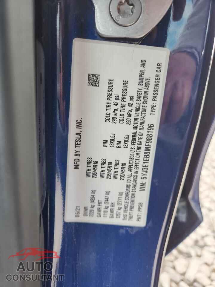 TESLA MODEL 3 2021 - 5YJ3E1EB8MF988196