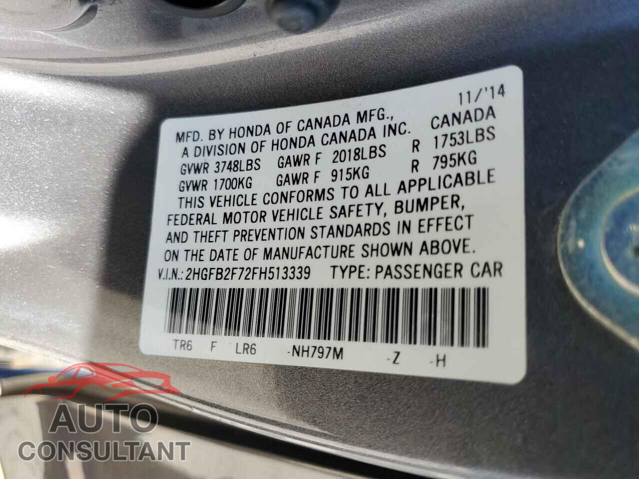HONDA CIVIC 2015 - 2HGFB2F72FH513339