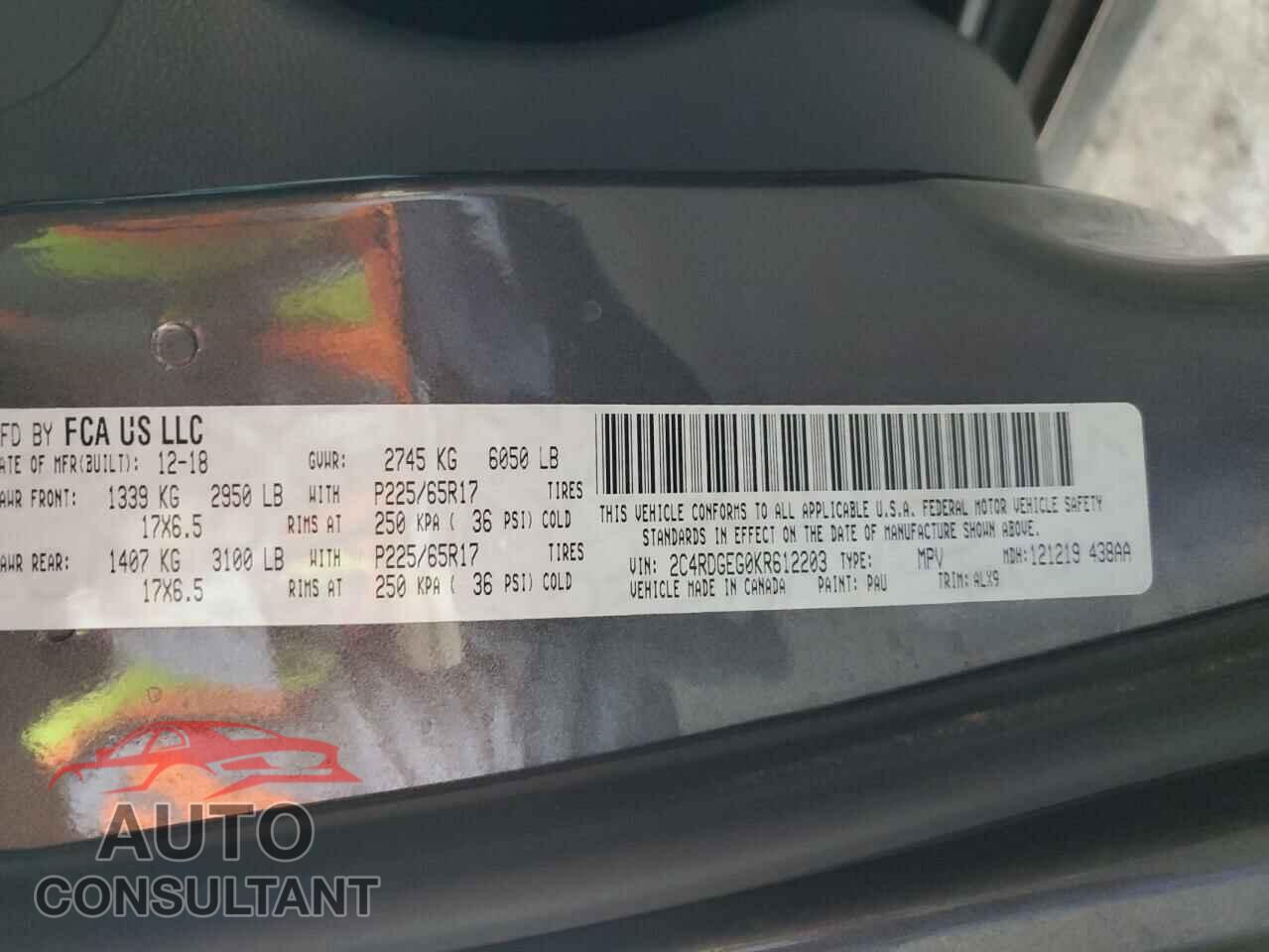 DODGE CARAVAN 2019 - 2C4RDGEG0KR612203