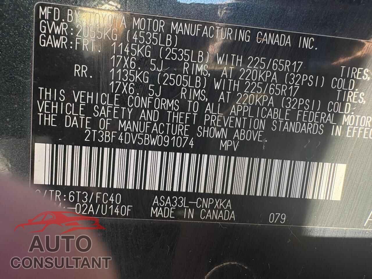 TOYOTA RAV4 2011 - 2T3BF4DV5BW091074
