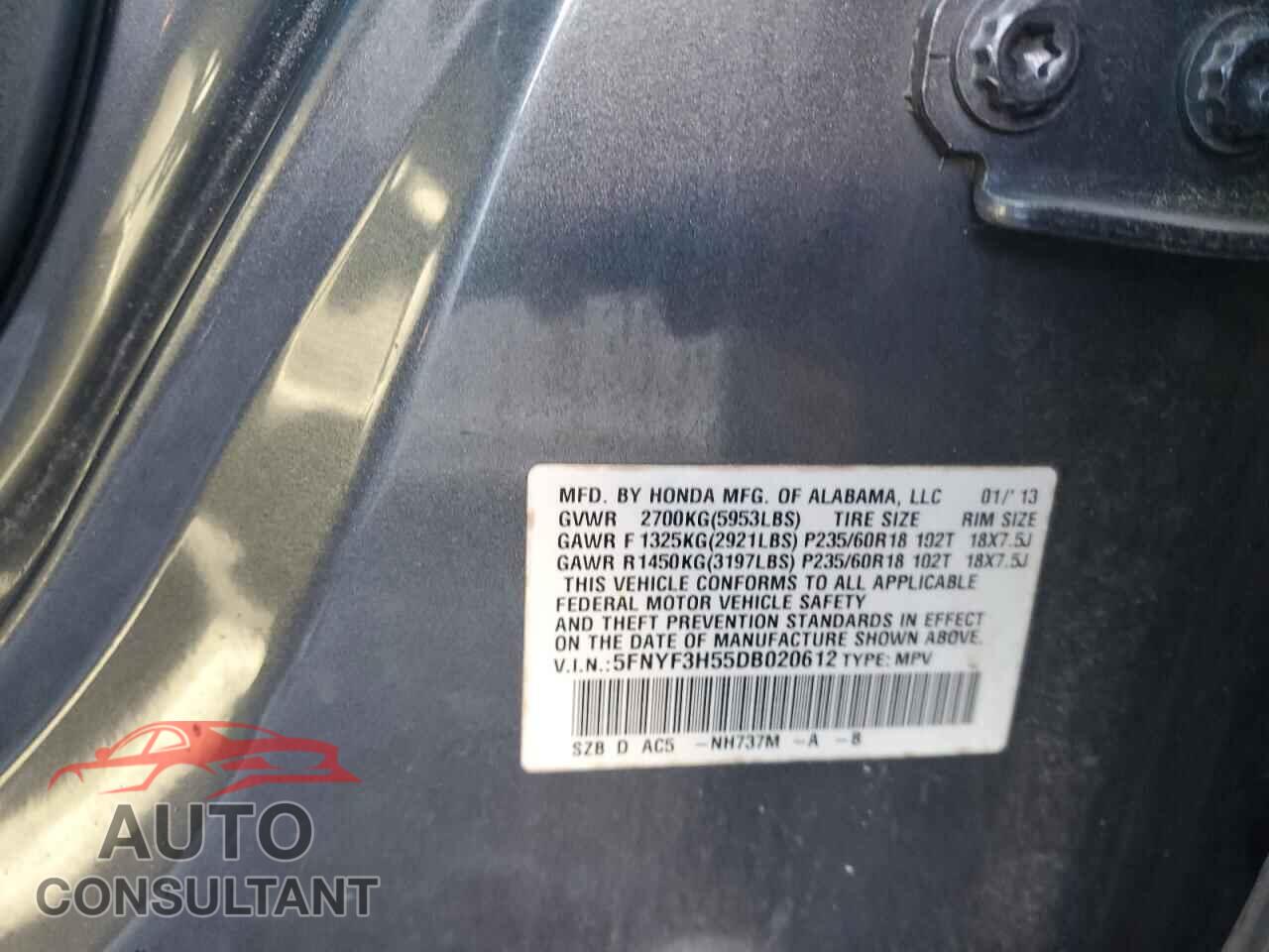 HONDA PILOT 2013 - 5FNYF3H55DB020612
