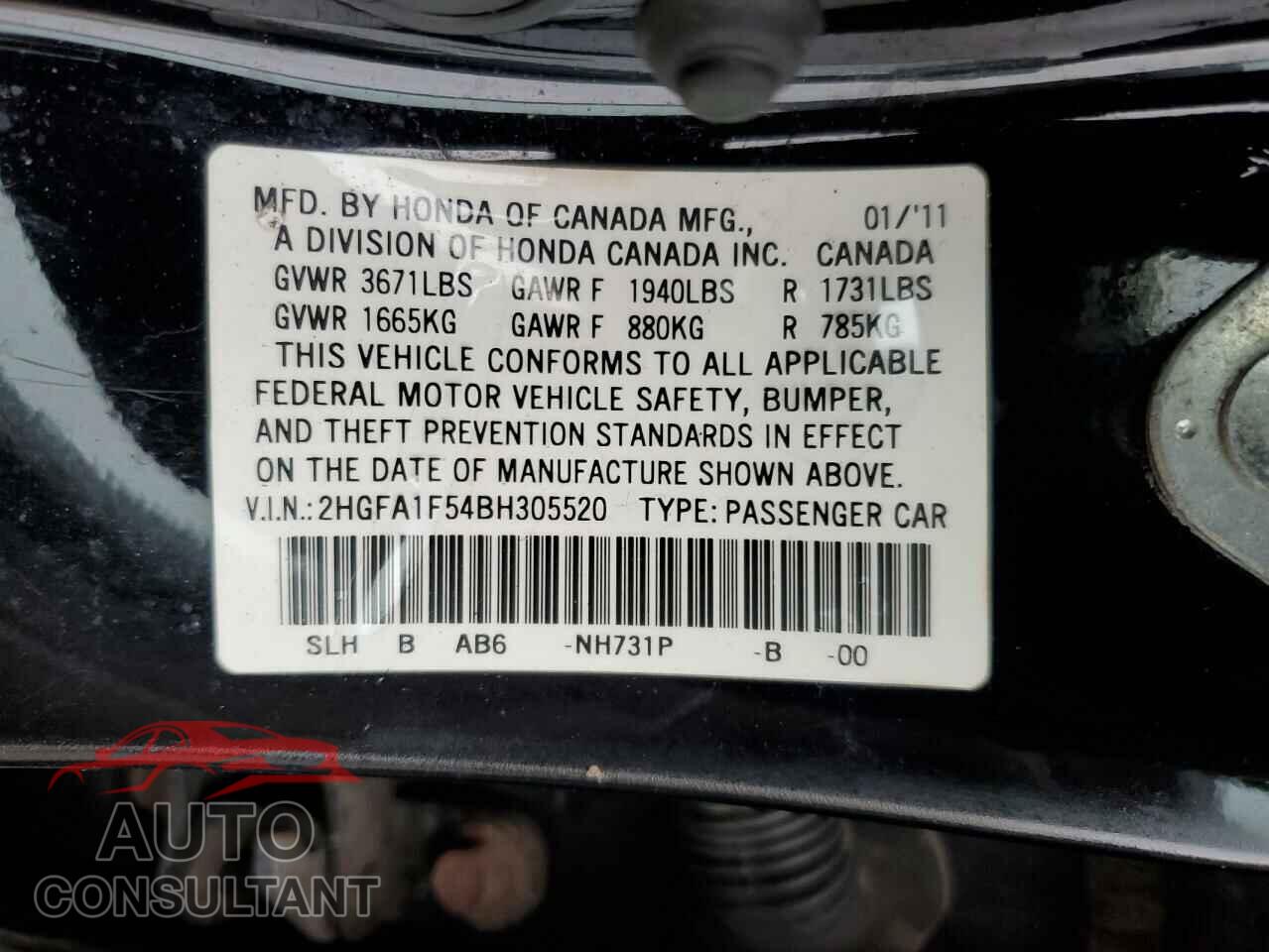 HONDA CIVIC 2011 - 2HGFA1F54BH305520