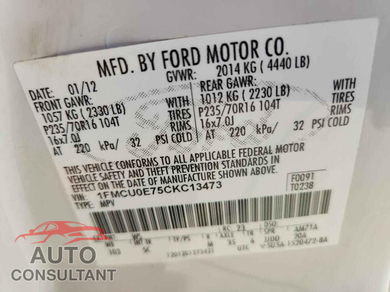 FORD ESCAPE 2012 - 1FMCU0E75CKC13473