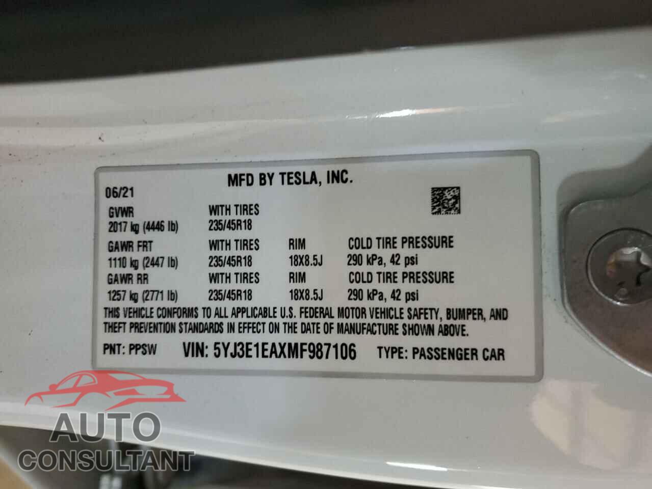 TESLA MODEL 3 2021 - 5YJ3E1EAXMF987106