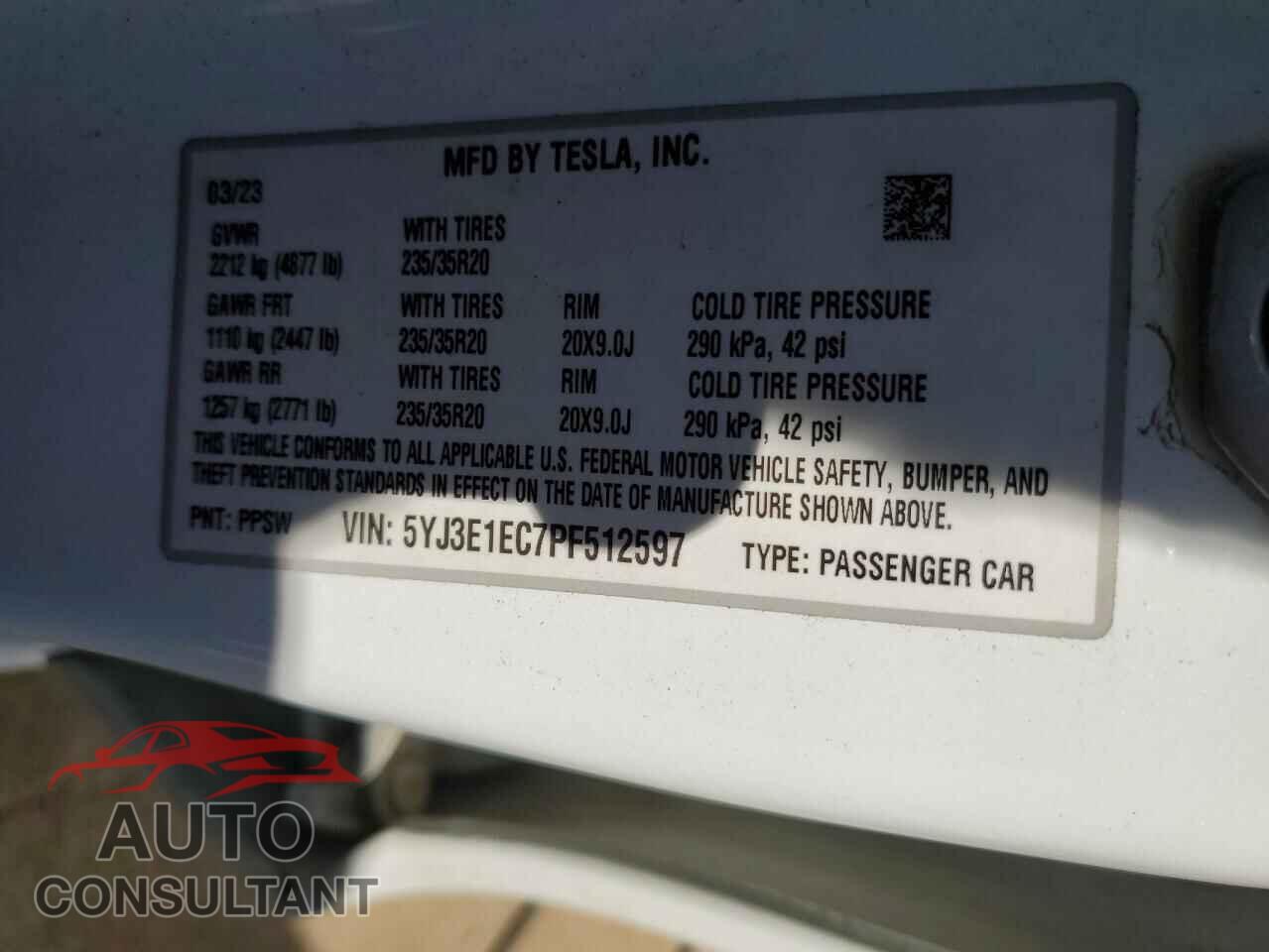 TESLA MODEL 3 2023 - 5YJ3E1EC7PF512597