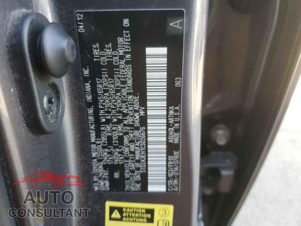 TOYOTA HIGHLANDER 2012 - 5TDZA3EH1CS026676