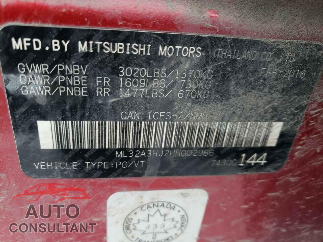 MITSUBISHI MIRAGE 2017 - ML32A3HJ2HH002966