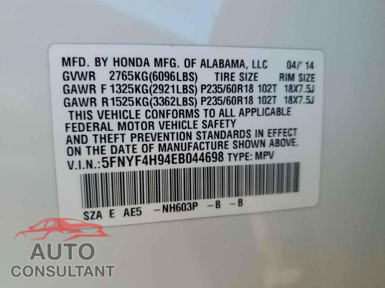HONDA PILOT 2014 - 5FNYF4H94EB044698