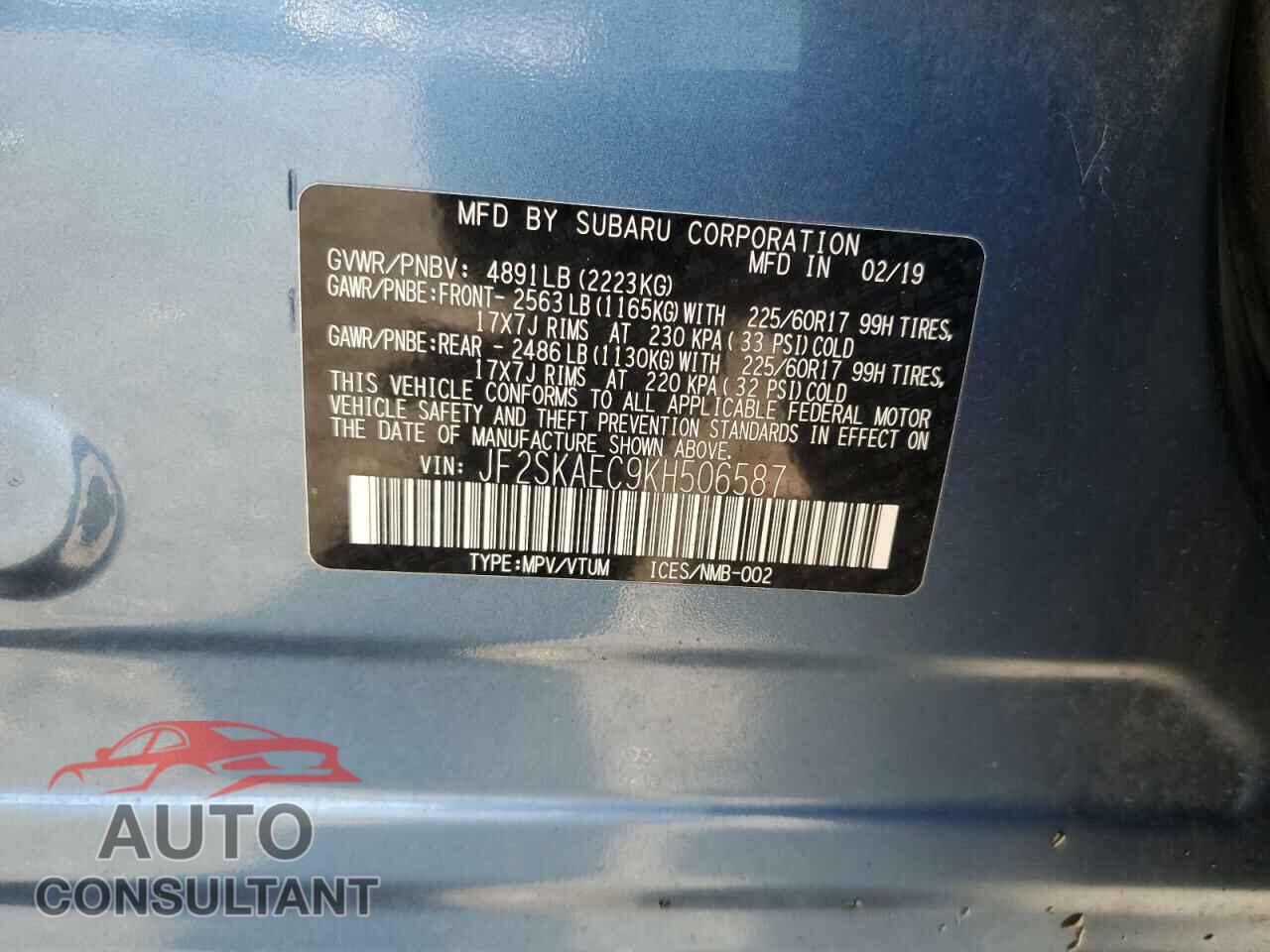 SUBARU FORESTER 2019 - JF2SKAEC9KH506587