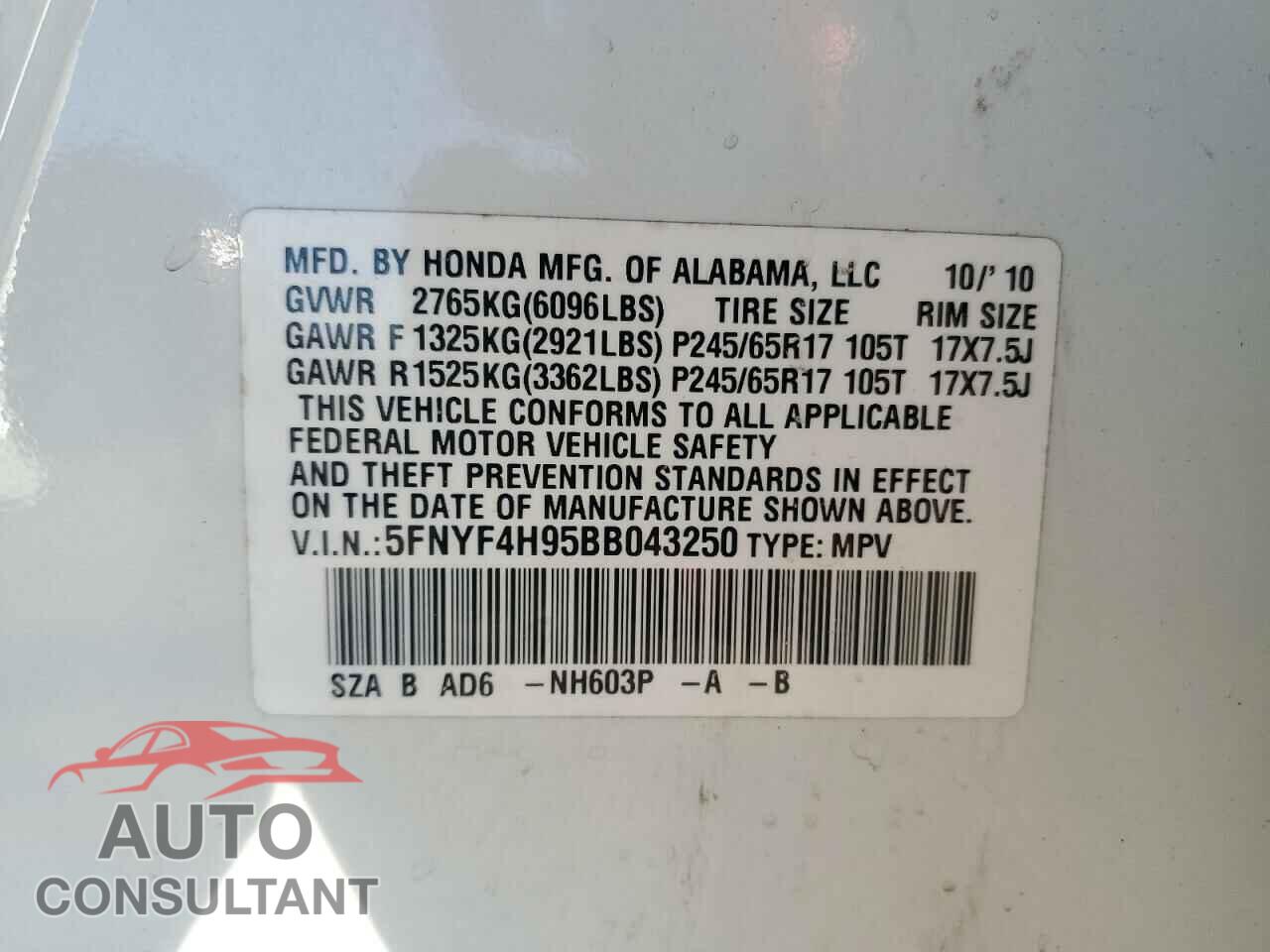HONDA PILOT 2011 - 5FNYF4H95BB043250
