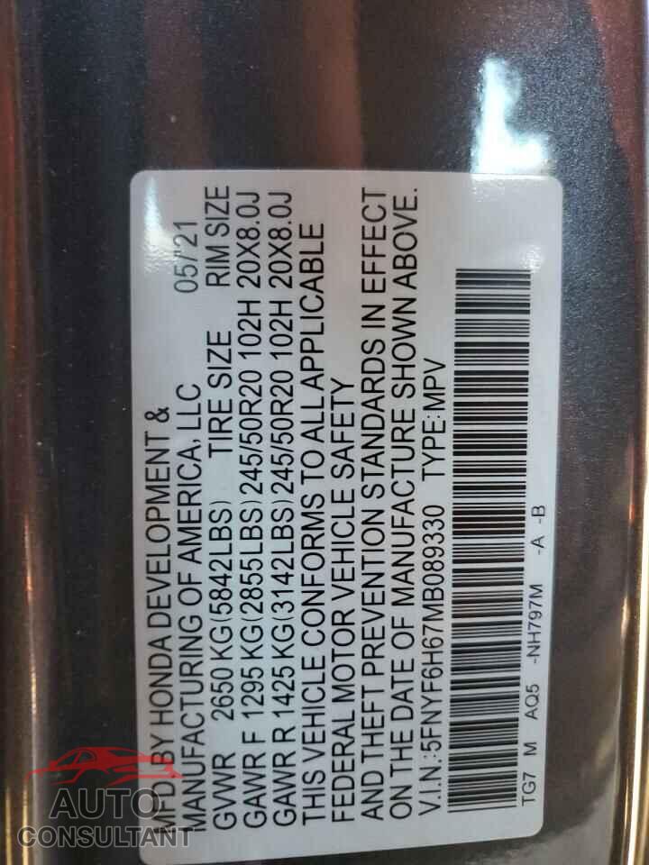 HONDA PILOT 2021 - 5FNYF6H67MB089330