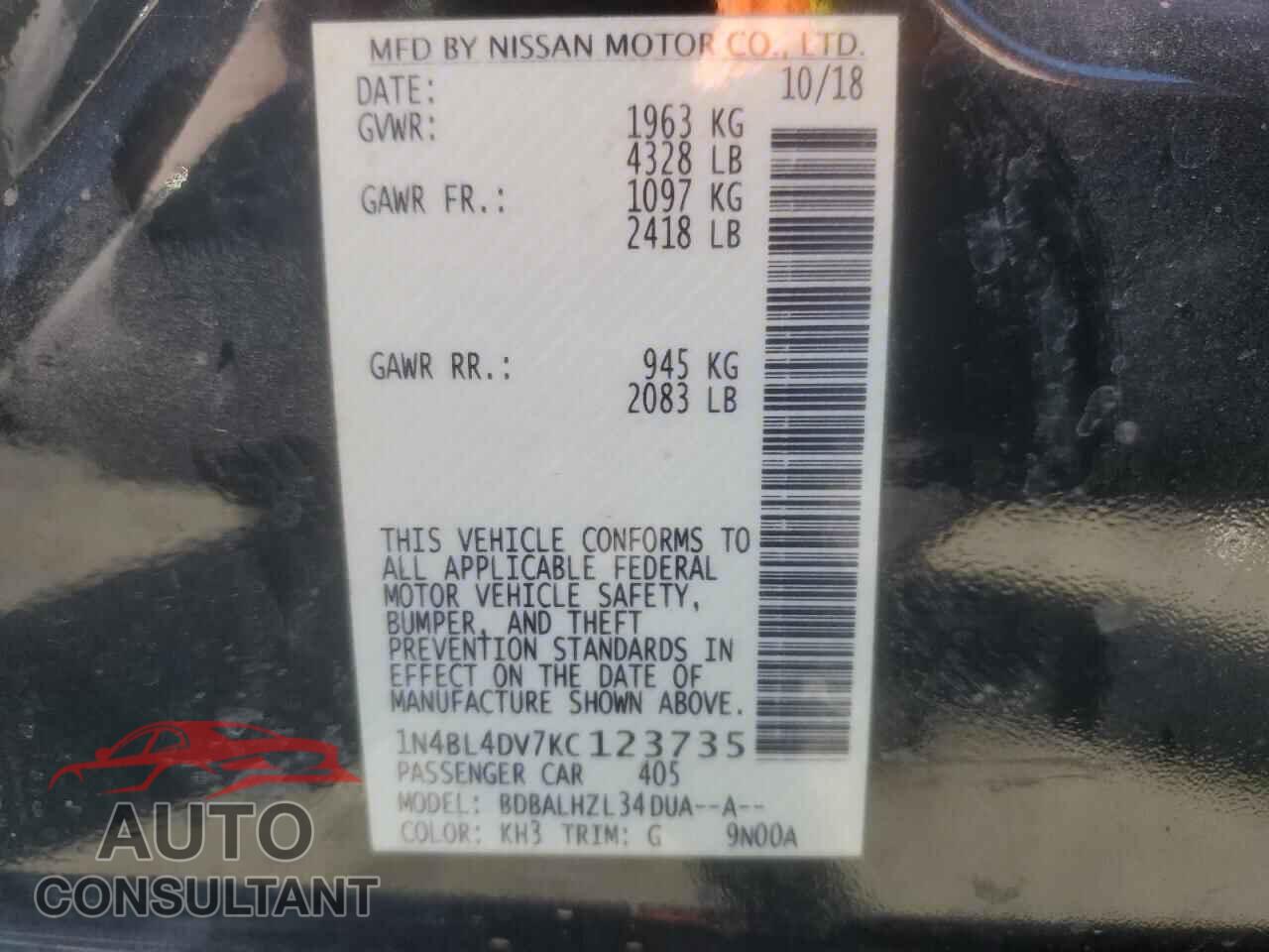 NISSAN ALTIMA 2019 - 1N4BL4DV7KC123735