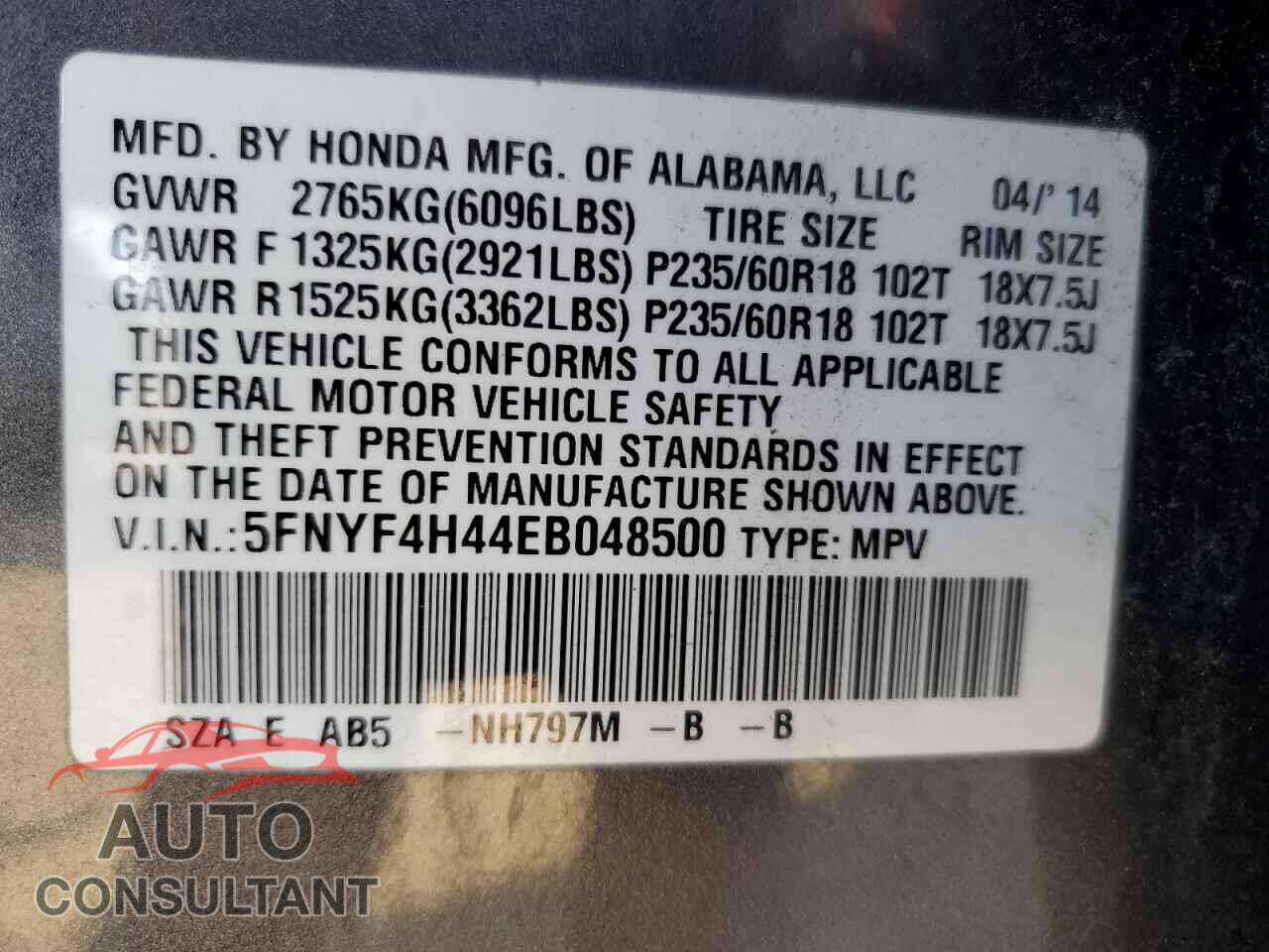 HONDA PILOT 2014 - 5FNYF4H44EB048500