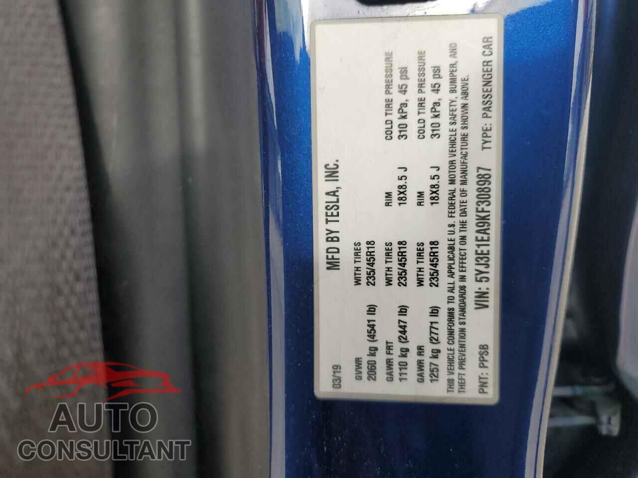 TESLA MODEL 3 2019 - 5YJ3E1EA9KF308987