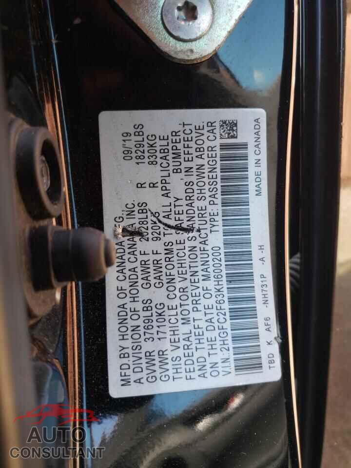 HONDA CIVIC 2019 - 2HGFC2F63KH600200