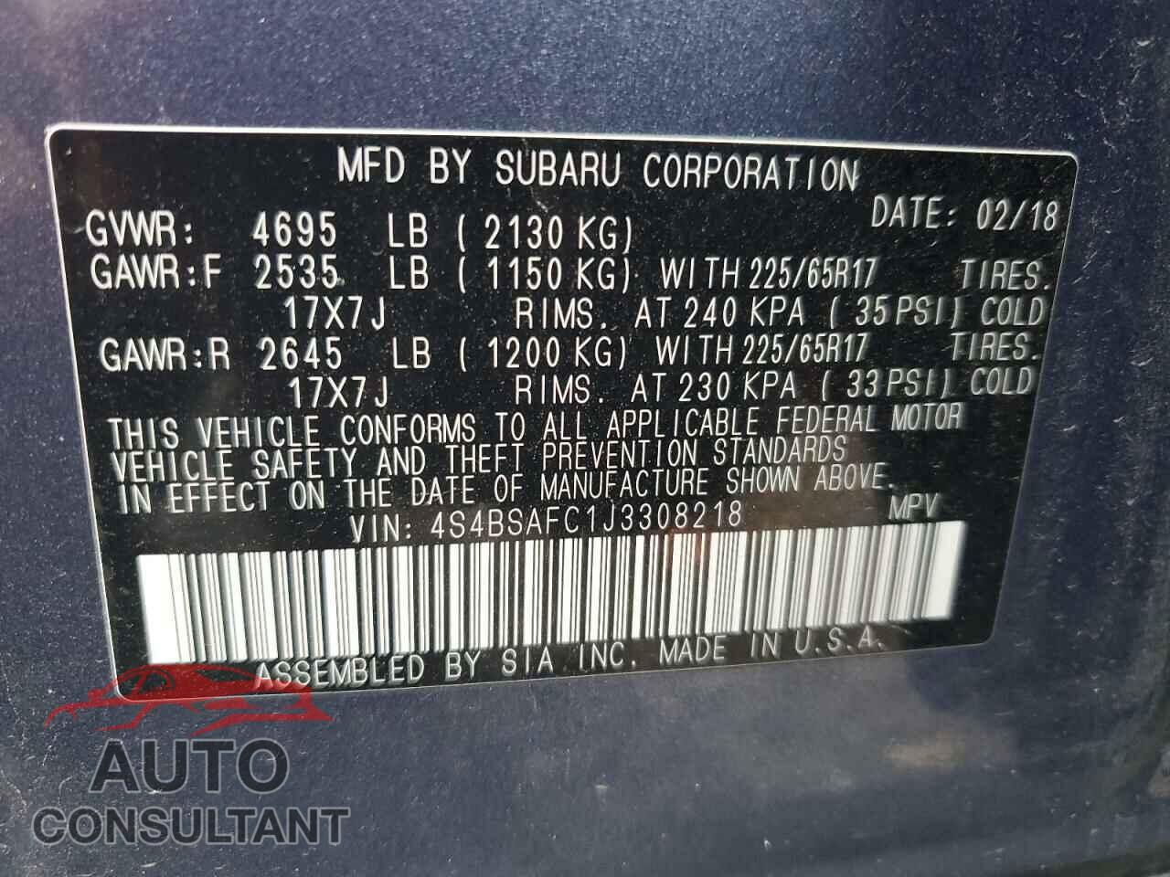SUBARU OUTBACK 2018 - 4S4BSAFC1J3308218