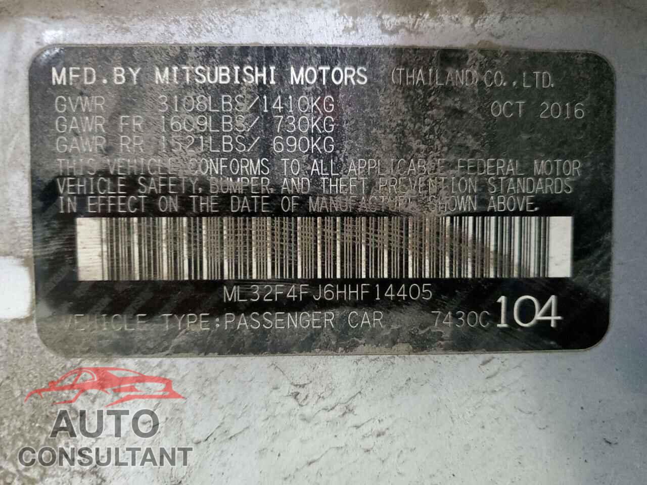 MITSUBISHI MIRAGE 2017 - ML32F4FJ6HHF14405