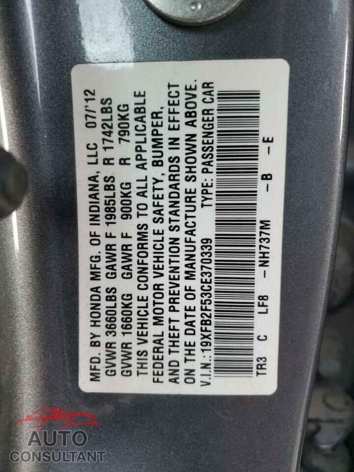 HONDA CIVIC 2012 - 19XFB2F53CE370339