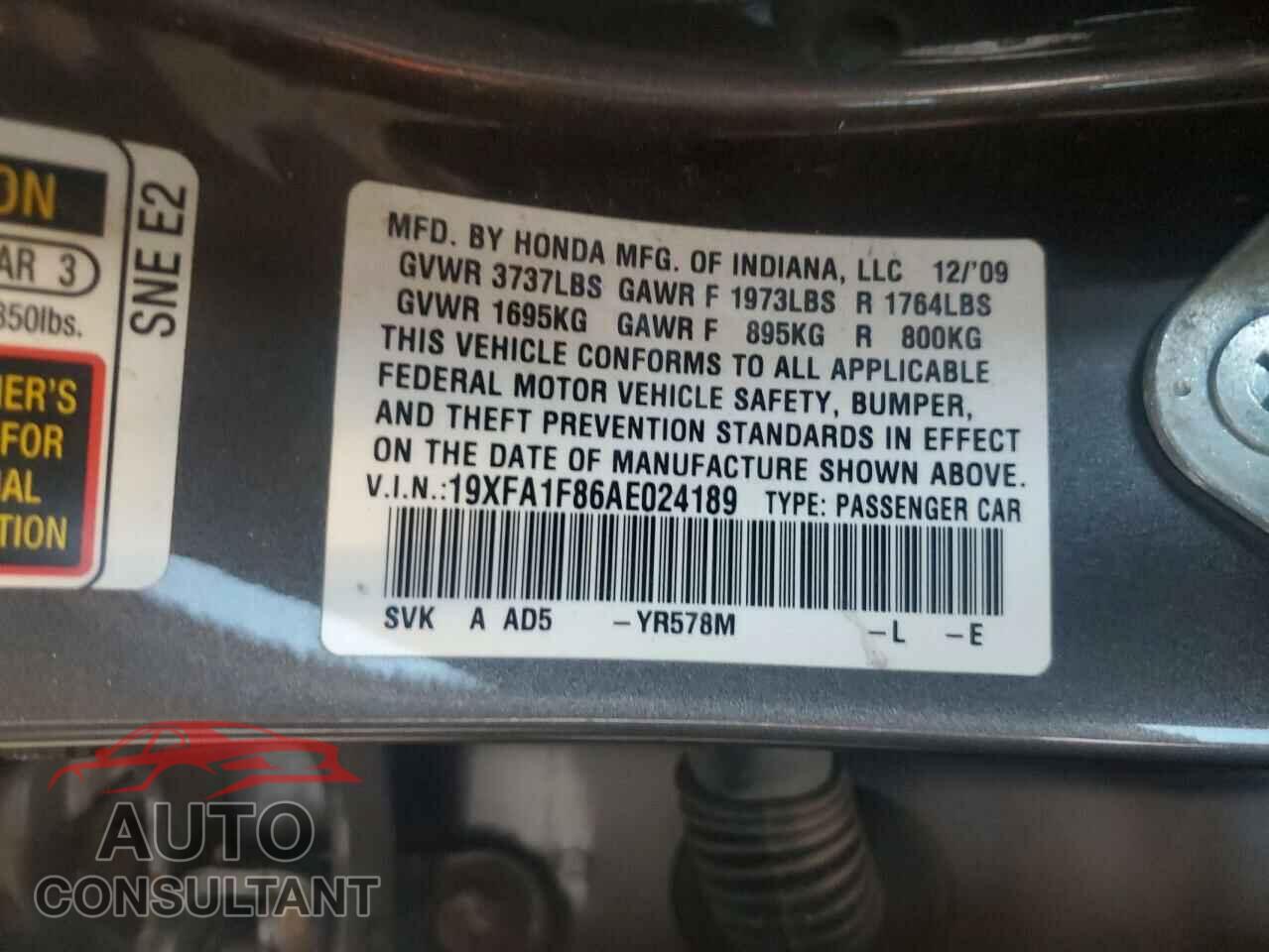 HONDA CIVIC 2010 - 19XFA1F86AE024189
