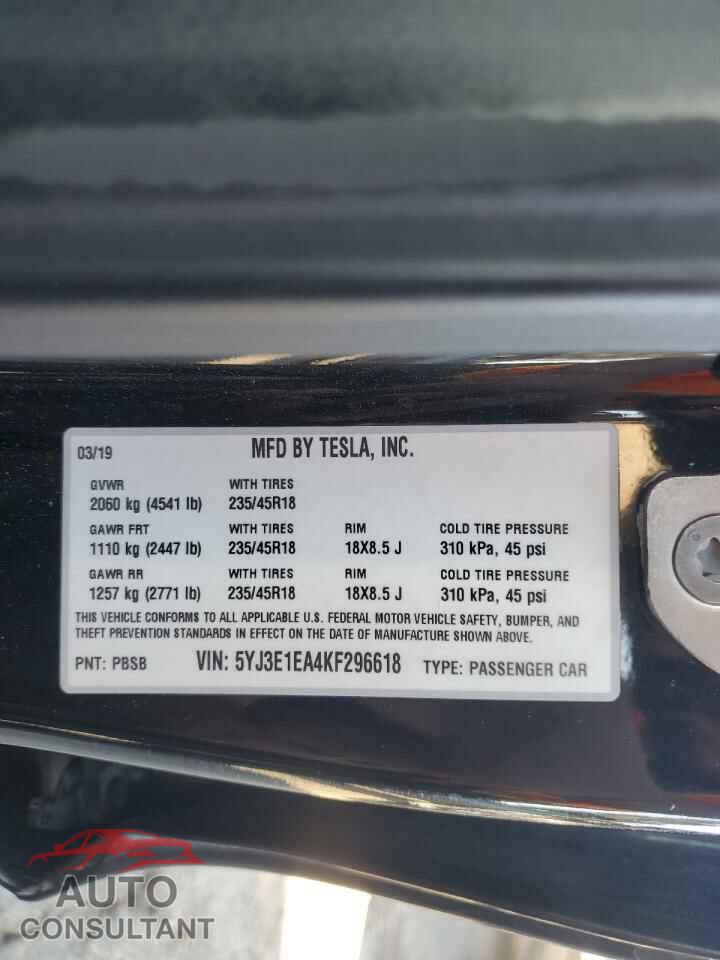 TESLA MODEL 3 2019 - 5YJ3E1EA4KF296618