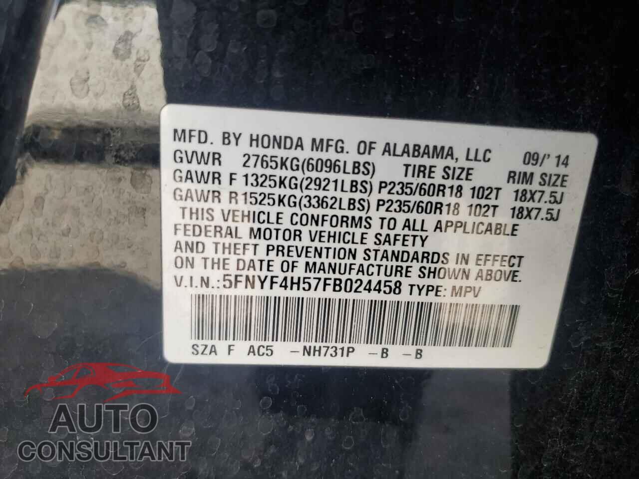 HONDA PILOT 2015 - 5FNYF4H57FB024458