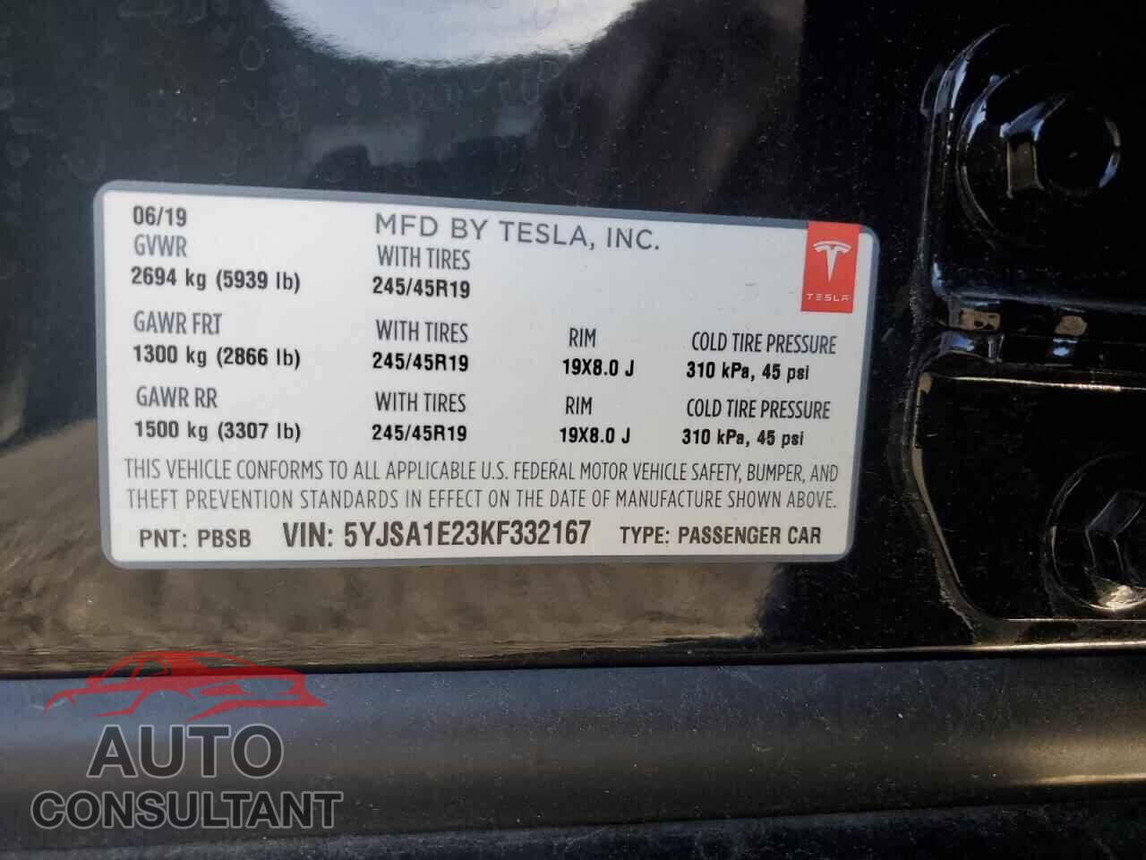 TESLA MODEL S 2019 - 5YJSA1E23KF332167