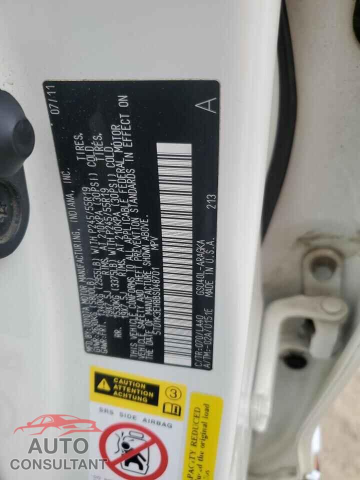 TOYOTA HIGHLANDER 2011 - 5TDYK3EH8BS048701