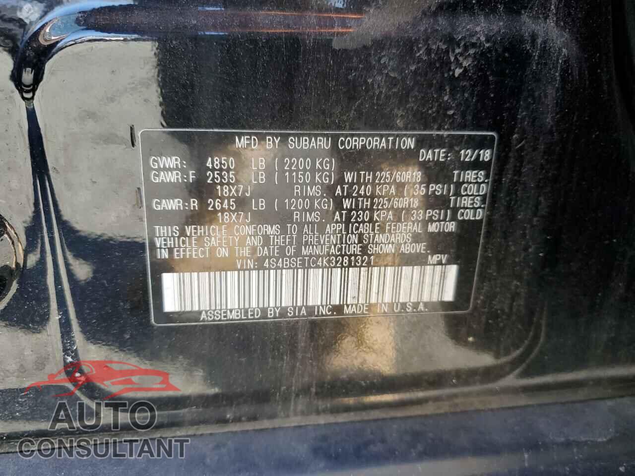 SUBARU OUTBACK 2019 - 4S4BSETC4K3281321