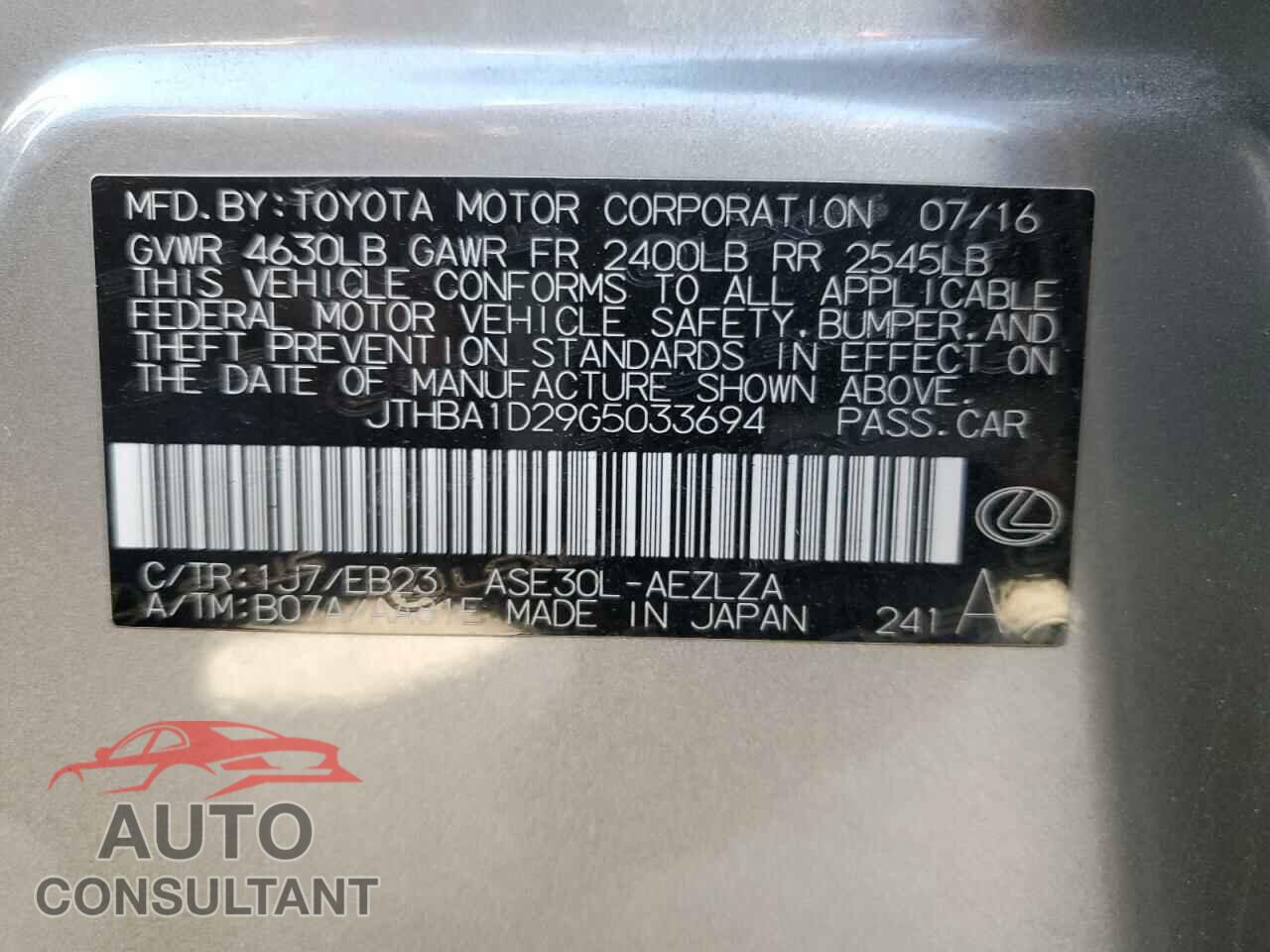 LEXUS IS 2016 - JTHBA1D29G5033694