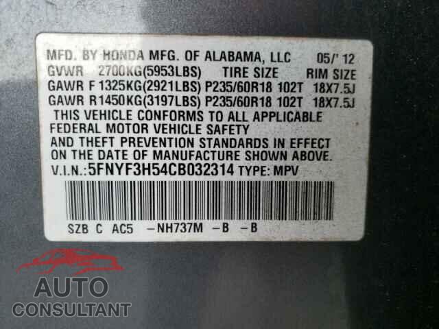 HONDA PILOT 2012 - 5FNYF3H54CB032314