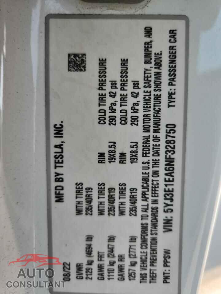 TESLA MODEL 3 2022 - 5YJ3E1EA6NF328750