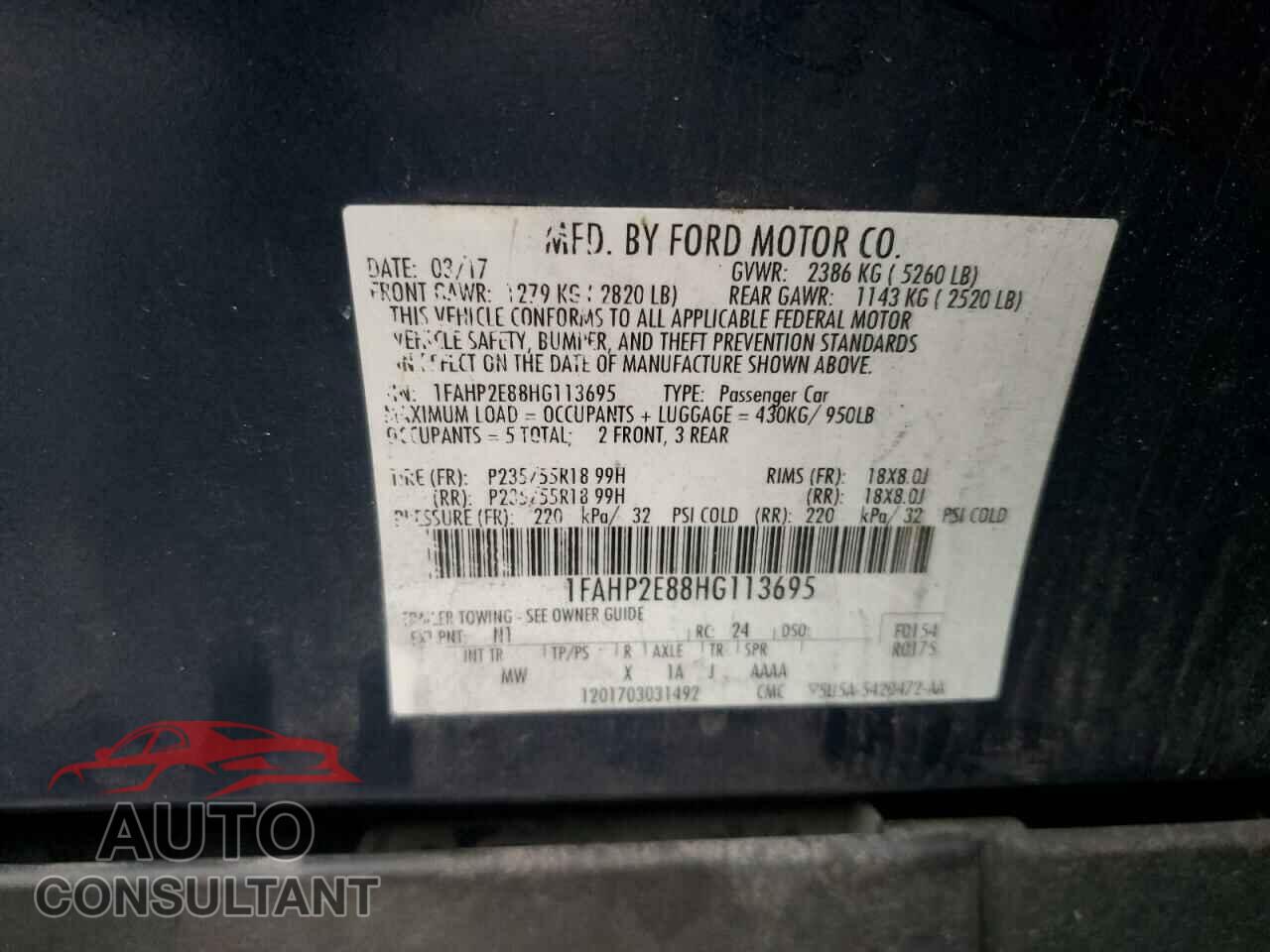FORD TAURUS 2017 - 1FAHP2E88HG113695