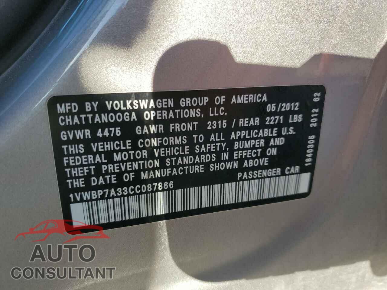 VOLKSWAGEN PASSAT 2012 - 1VWBP7A33CC087866