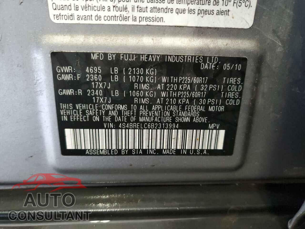 SUBARU OUTBACK 2011 - 4S4BRELC6B2313994