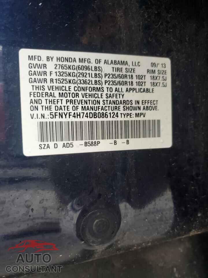 HONDA PILOT 2013 - 5FNYF4H74DB086124