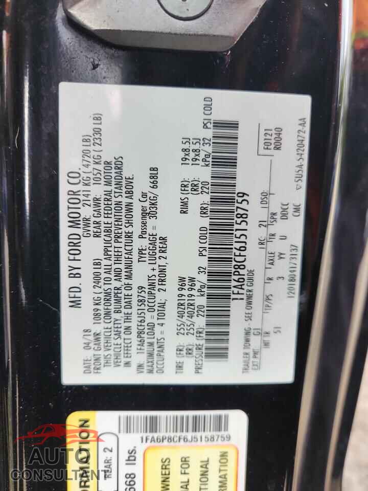 FORD MUSTANG 2018 - 1FA6P8CF6J5158759
