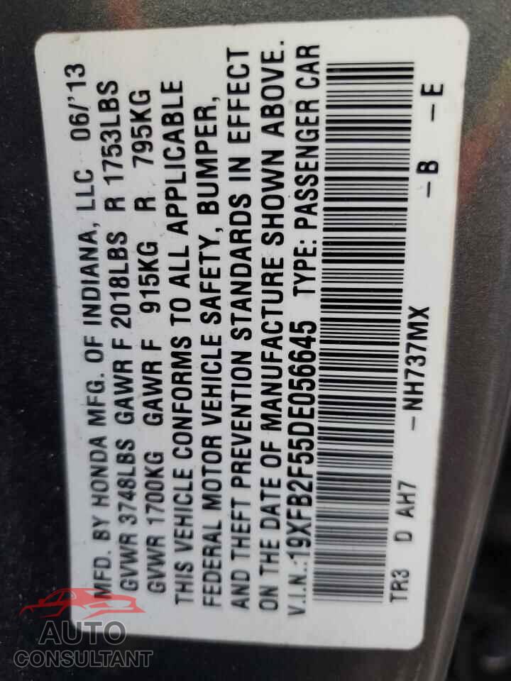 HONDA CIVIC 2013 - 19XFB2F55DE056645