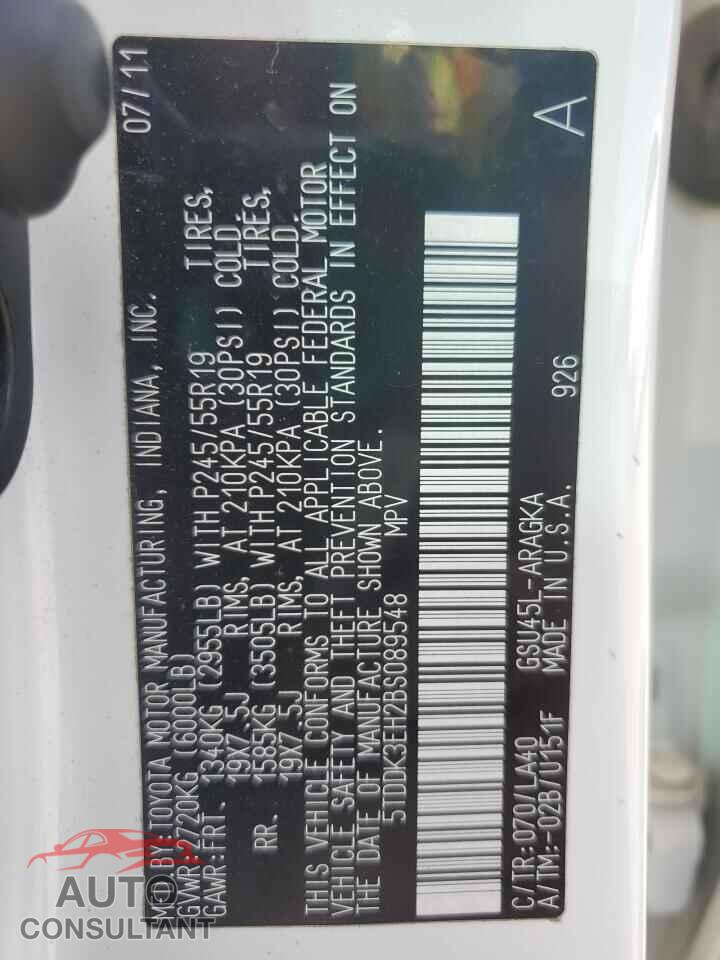 TOYOTA HIGHLANDER 2011 - 5TDDK3EH2BS089548