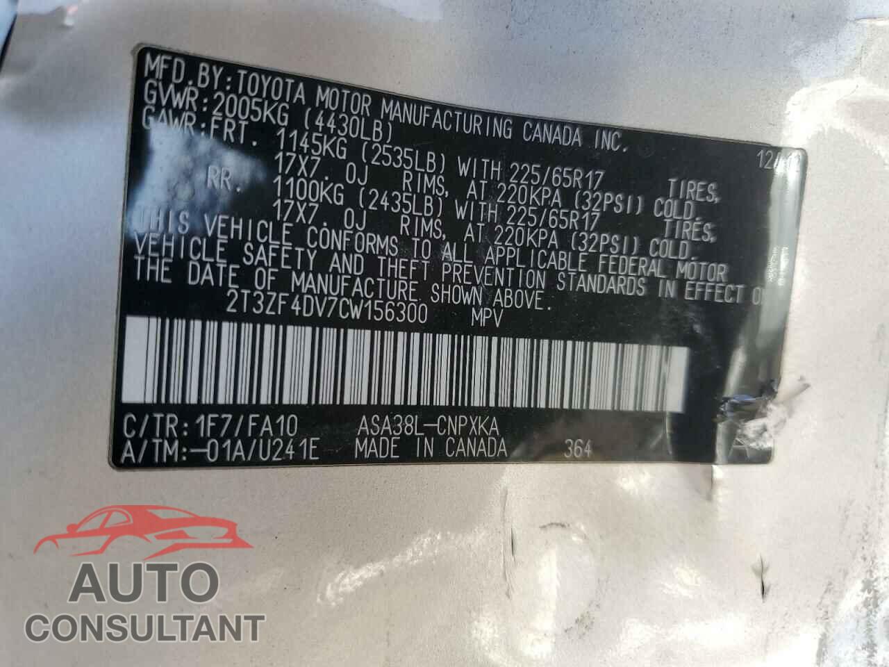 TOYOTA RAV4 2012 - 2T3ZF4DV7CW156300