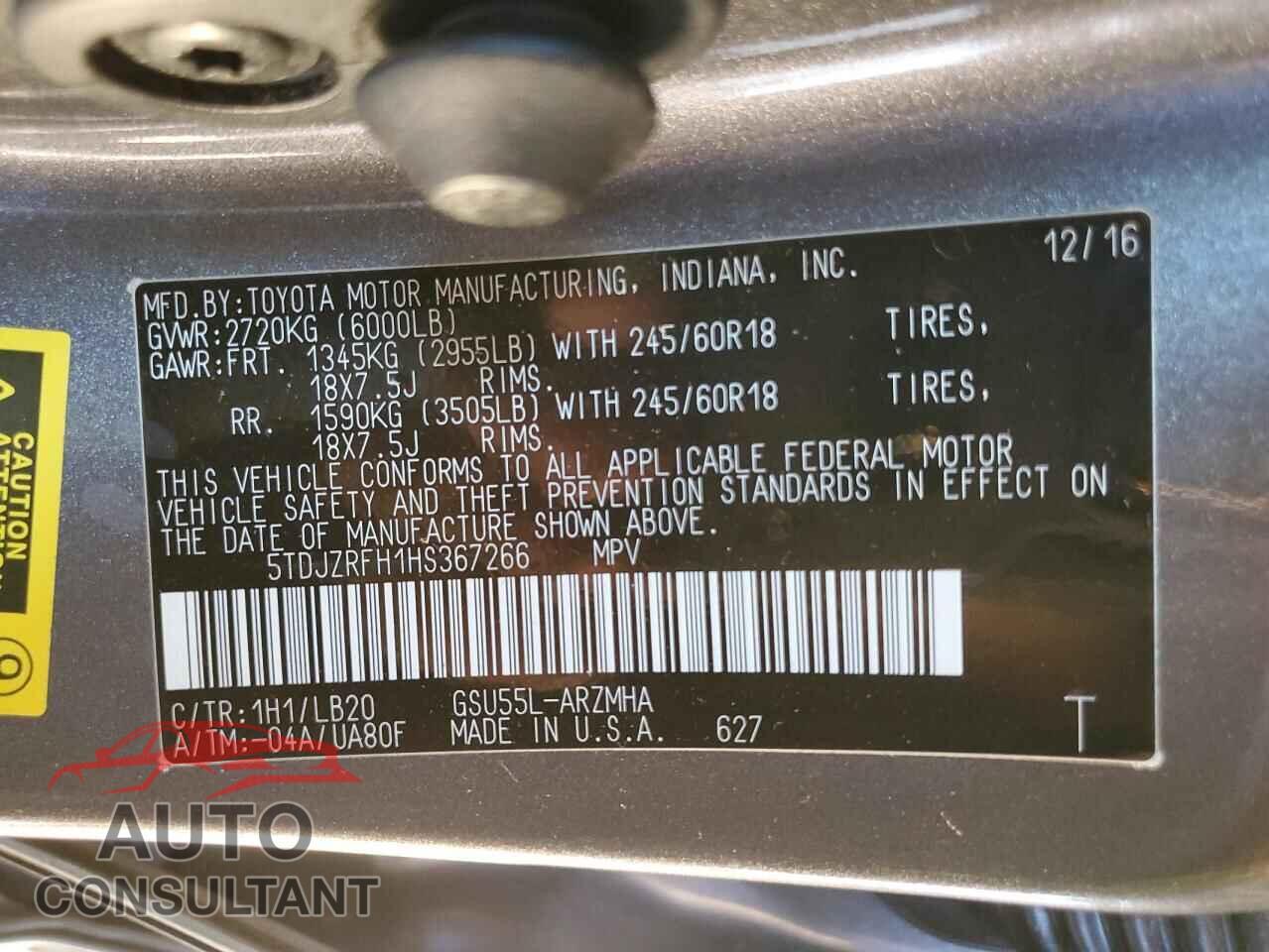 TOYOTA HIGHLANDER 2017 - 5TDJZRFH1HS367266