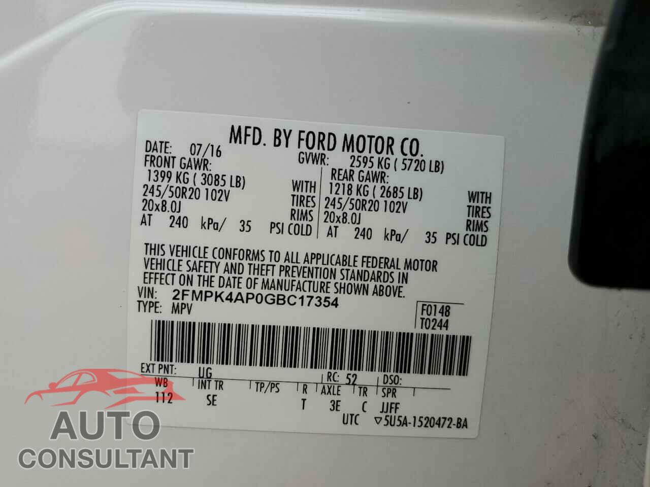 FORD EDGE 2016 - 2FMPK4AP0GBC17354