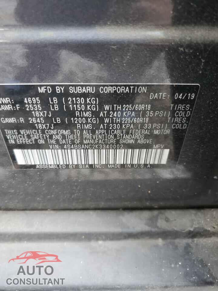 SUBARU OUTBACK 2019 - 4S4BSANC2K3340002