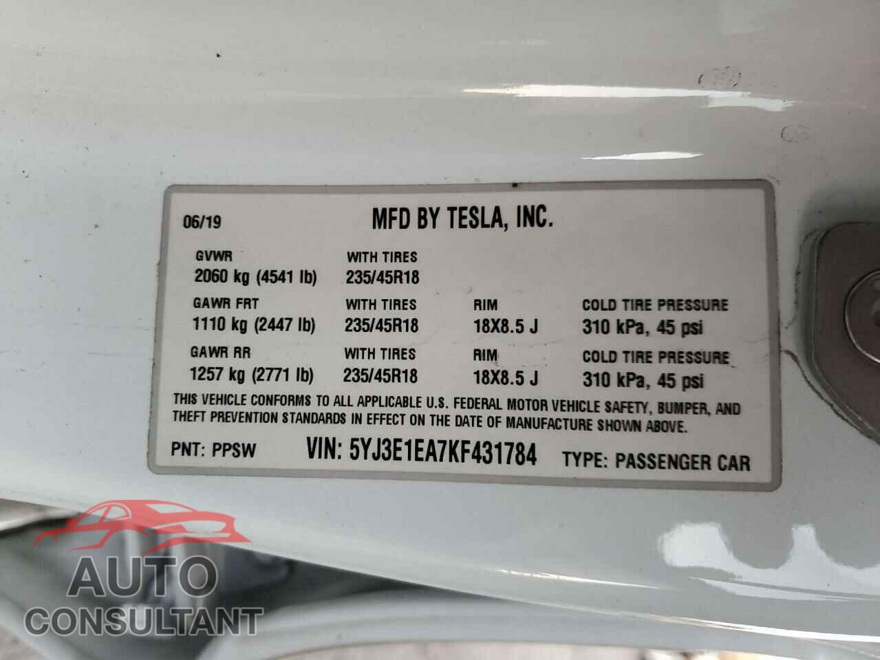 TESLA MODEL 3 2019 - 5YJ3E1EA7KF431784